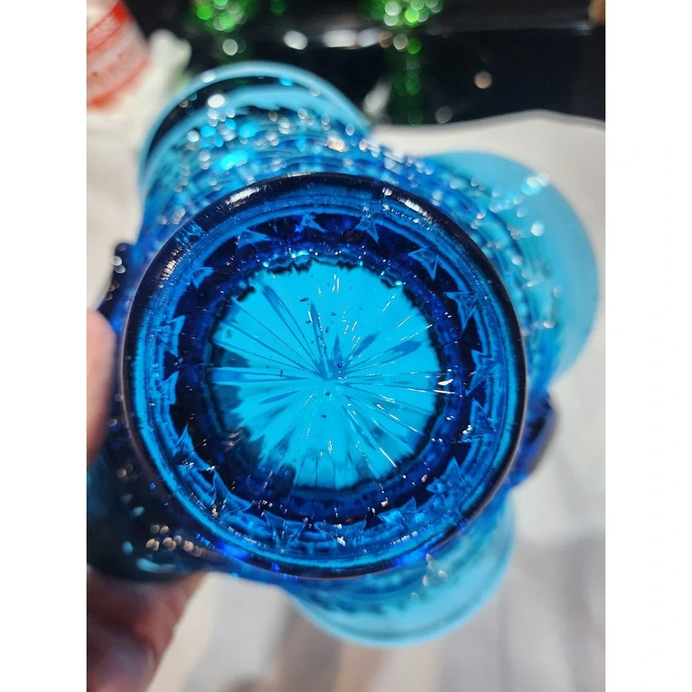 Fenton Style~ Basketweave Basket~ Ruffled~Crimped~Blue Glass~Trinket~Candy Dish